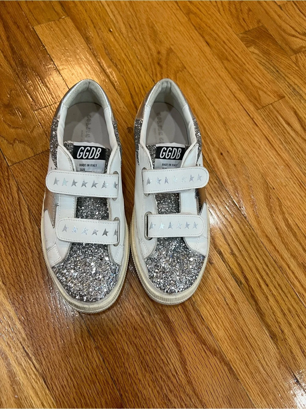 Golden Goose Kids White and Silver Glitter Velcro Sneakers